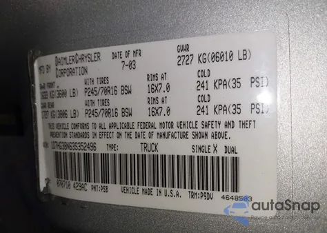 2003 Dodge Dakota Sport/Sxt from USA, damaged, VIN 1D7HG38N63S352496